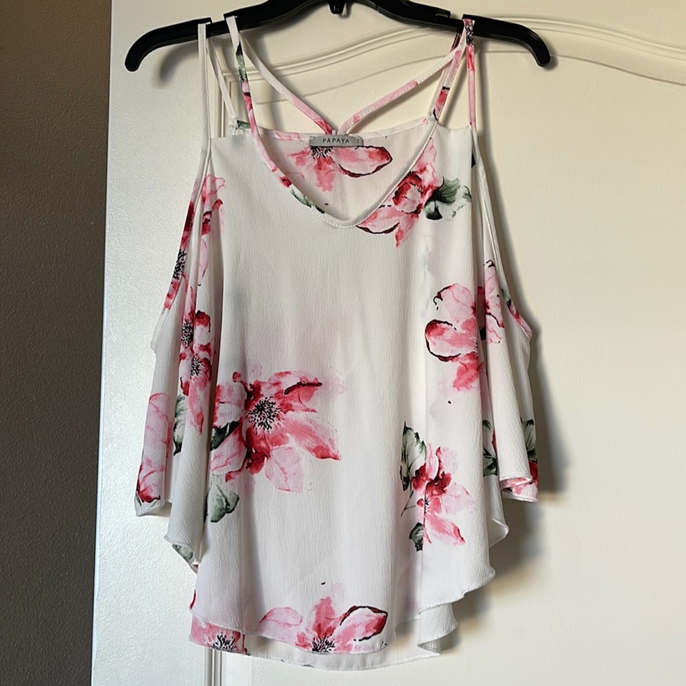 white with pink floral blouse, shoulder less half sleeve
